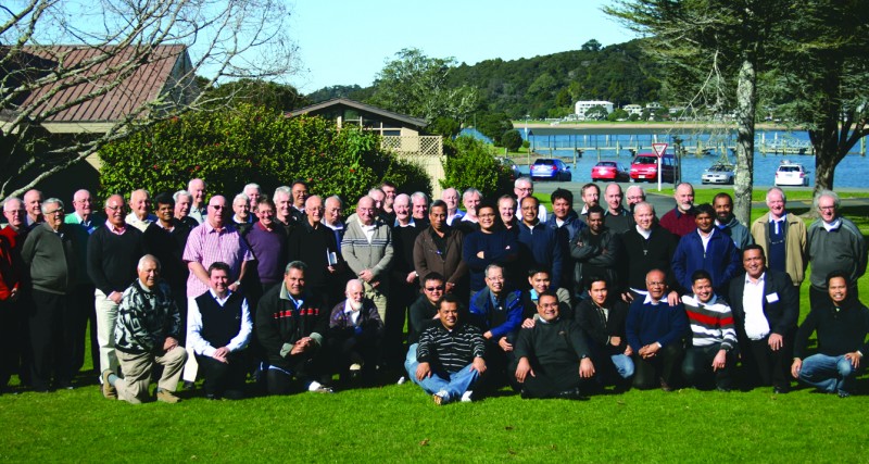 Auckland diocesan priests — and Bishops Dunn and Leamy — outside the Copthorne Hotel in the Bay of Islands.