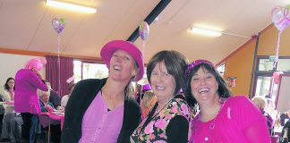 Three St Mary’s, Wanganui, parishioners who inspired “Pink Sunday”. From left, Adelie Reitsma-Reid, Claire Isted and Liza Mancer, who all welcomed the happy diversion from their cancer treatments. (Marcia O’Connor photo)