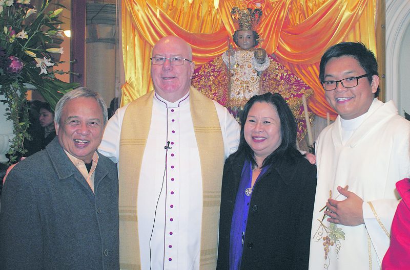 From left to right: Oscar Batucan, Msgr Paul Farmer, Miriam Batucan and Fr Michael Larry Rustia at the installation of the image of Senyor Santo Nino (Holy Child Jesus) at St Benedict’s Church in Newton.