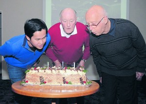 Three priests celebrate their birthdays falling around the same time — from left, Fr Carlo Cruz (35), Bishop Bob Leamy, SM (80) and Fr Peter Gray (81).