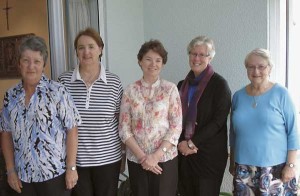 The new LCM Province Team,  from left: Australian Sisters Helen Kelly, Jennifer Barrow, Kathleen Cotterell, Bernadette Fitzgerald (provincial), and Raye Boyle — New Zealand. 