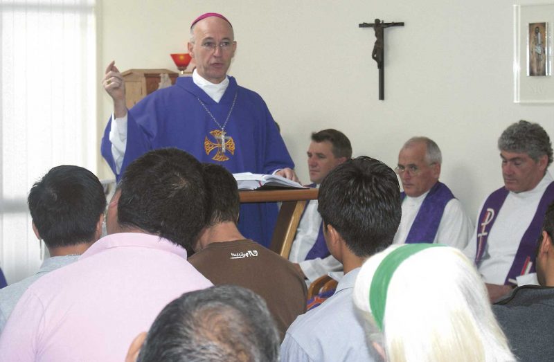 Archbishop Martin Krebs makes a point during his homily at Good Shepherd College.