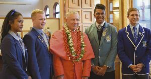 Cardinal John Dew with Wellington diocese students, from left, two students from Chanel College and, on Cardinal Dew’s left, Marcus Hewitt, St Patrick’s College, Silverstream, and Thomas Noble-Campbell, St Patrick’s College, Kilbirnie.