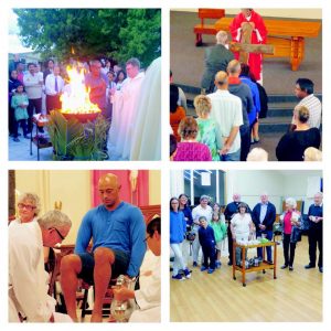 Top left (Hamilton): Easter fire outside the Cathedral of the Blessed Virgin Mary with parish priest Fr Philip Billing. Top right (Wanganui):Parishioners from Wanganui venerate the cross during the Good Friday liturgy. Bottom right (Auckland): Auckland’s Bishop Patrick Dunn washes the feet of a parishioner at St Patrick’s Cathedral. Bottom left (Christchurch): Fr Dan  Doyle surrounded by Ferrymead parishioners.