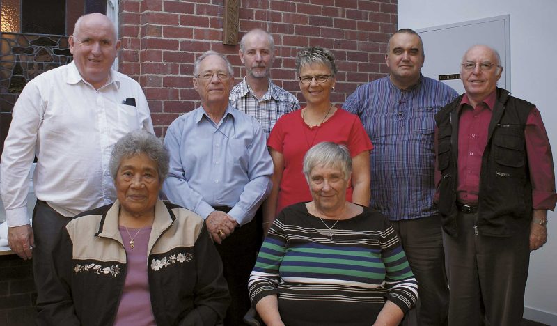 From left, during the latest round of dialogue: Fr Merv Duffy, Sr Eleni Tapueluele, Bishop Peter Cullinane, Trevor 
Hoggard, Anne Griffiths, Pat Lythe  (front), David Poultney and Terry Wall.