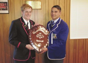 St Bede’s Daniel McCormack (left) and St Patrick’s Paul Bickle hold the restored Holley Shield.