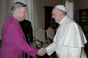 Anglican Archbishop Emeritus Sir David Moxon meets Pope Francis at an audience in Rome.
