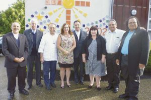 From left to right: Salesian priests Fr Hóracio Lopez, Fr Greg  Chambers (provincial Australia and Pacific), Fr Vaclav Klement (Fr Artime’s secretary); Mary Zellman (St Paul’s School principal); Fr Angel Fernandez Artime, SDB (rector major); Adrienne Horler (BoT chairperson); Massey parish priest Frs Mika Leilua, SDB and assistant priest Aleki Piula, SDB.