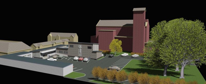An digital impression of the new parish  facilities and music centre (centre and left, grey building) at St Mary’s Pro- Cathedral in Manchester Street, Christchurch.