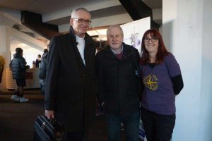 Bishop Patrick Dunn (left), Refugee Council of Australia president Phil Glendenning and Auckland Youth and Young Adult Ministry coordinator Teresa McNamara.