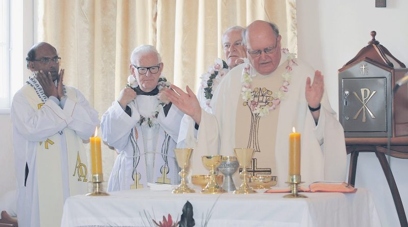 PT CHEVALIER, AUCKLAND: Fr John Webb at his 40th anniversary Mass, assisted by Frs  Matthew Vadakkevettuvazhiyil,
Matthew Clerkin, OFM Cap, and Deacon Dave Marshall.