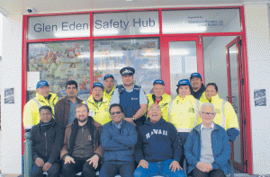 Pacific wardens and  priests outside the Glen Eden Safety Hub. Back row: Ulugia Peter  Wright, Fr Valerian D’Souza, OFM Cap, Glen Eden assistant priest, Selepou Wright, Faimalo Emani, Constable Reginald Alofa, Felisi Luafaleolo, Evelyn Stowers, Ioasa Simanu, Sera Simanu. Front row: Frs Herman Ming, OFM Cap, vice provincial, North India; Adrian Curran, OFM Cap, provincial, Ireland; Remish Ekka, OFM Cap, provincial, North India; Mario Dorado, OFM Cap, Glen Eden parish priest; Matthew Clerkin, OFM Cap, superior of the Glen Eden Francisan community.