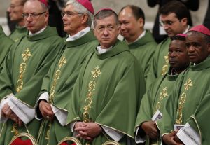 Palmerston North Bishop Charles Drennan, extreme left, attends the opening Mass of the Synod of Bishops on the family celebrated by Pope Francis in St. Peter's Basilica at the Vatican Oct. 4. (CNS/Paul Haring) See POPE-SYNOD-MASS Oct. 4, 2015.
