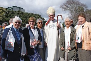 The Bishop of Auckland, Bishop Patrick Dunn, with four Little Sisters of the Assumption — Michelle Carter, Mary Keenan (France), Marie Francoise Phelippeou (France) and Gabriel Tully.