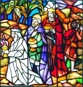 One of the three “Birth of Christ” stained glass images from St Benedict’s Church in Newton, Auckland. 