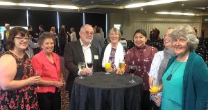 At the awards evening, from left: Kevin and Barbara McBride’s daughter, Fiona, Barbara McBride’s friend, Pauline, Kevin and Barbara, Maya Bernardo, Peace Place manager Kim Dunlop and Judith Crimmins.