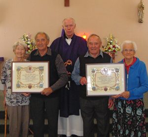 From left to right: Audrey and John Mathis, Fr Vincent Jones, and Frederick and Eileen Mathis, with their papal awards at St Patrick’s Church, Putaruru. 