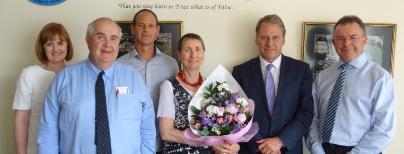 Principals farewelling their colleague, Anna Heffernan (holding flowers) are, from left: Deborah Brosnahan (Villa Maria
College), Kieran Stone (John Paul II High School), Chris Comeau (Roncalli College), Justin Boyle (St Bede’s College)
and Tony Shaw (Catholic Cathedral College) Absent: Christine O’Neill (St Thomas of Canterbury College)
