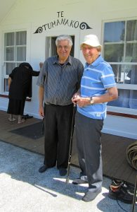 Fr Steve Hancy from Whanganui, left, and Fr Colin Durning from Wellington before the blessing of the whare.