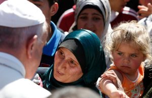 Pope Francis meets refugees at the Moria refugee camp on the island of Lesbos, Greece, April 16, 2016. (CNS photo/Paul Haring) See POPE-LESBOS-ORTHODOX-CAMP April 16, 2016.