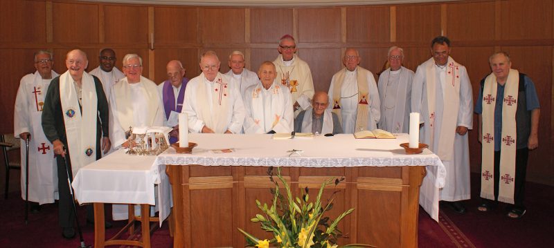 Left to right: Fr Nicholas  Alleman, Assistant Bishop Emeritus Robin Leamy, SM, Fr Linus Clovis, Fr Brian Wysocki, SM, Fr Tim Timmerman, MHM, Fr Patrick Collins, Fr Frank Roach, Fr Peter Penny, Auckland Bishop Patrick Dunn, Fr Terry Fitzpatrick, SM, Fr David Mullins, SM, Msgr Terry Leslie, Pa Tony Brown and Fr Christopher Brady.