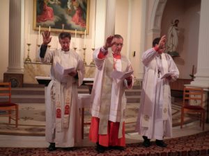 From left: past Methodist president, John Roberts, Cardinal John Dew, and Anglican Archbishop Philip Richardson during a celebrate service at Sacred Heart Cathedral, Wellington on February 25. 