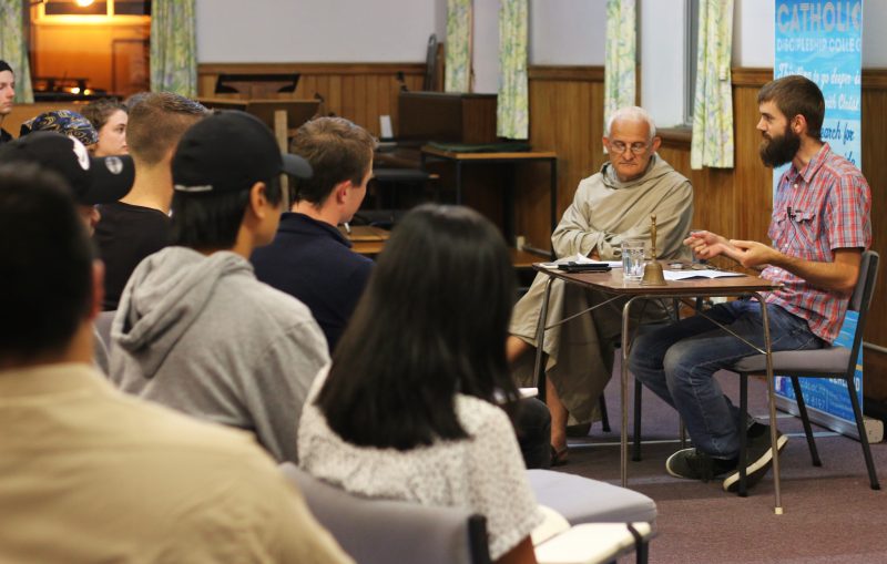 Fr Dominique Faure, CDC and Dr Cameron Surrey during the evening of philosophy at Catholic Discipleship College in Auckland.