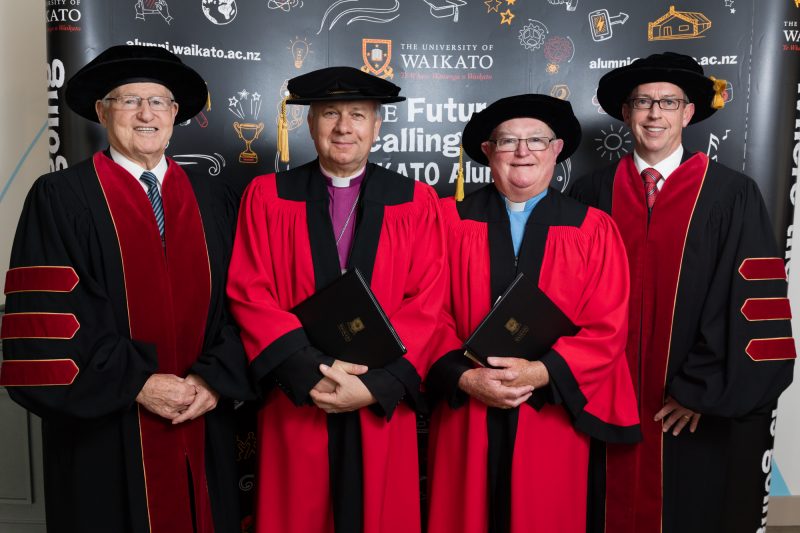 From Left to right: Waikato University Chancellor, the Rt Hon James Bolger, Anglican Archbishop Sir David
Moxon, Hamilton Emeritus Bishop Denis Browne and Vice-Chancellor Professor Neil Quigley.