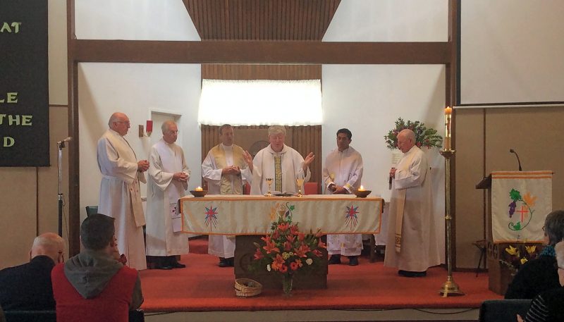 Concelebrating Mass for the final time in St Alphonusus were (from left) Frs Aidan Cunningham, IC, Michael Hill, IC,
Gerard Aynsley, Bishop Colin Campbell, Frs Sani Lam and Merv McGettigan.