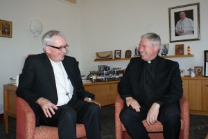 A few days before his episcopal ordination, Bishop Richard Umbers, (right), meets Bishop Patrick Dunn in Auckland.