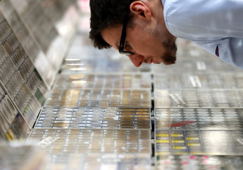 A man examines coins displayed at the World Money Fair in Berlin Feb. 3. Pope Francis wrote in his Feb. 7 Lenten message that money can chain people to a selfish logic that leaves no room for love and hinders peace. (CNS photo/Felipe Trueba, EPA) See POPE-LENT-MESSAGE Feb. 7, 2017.