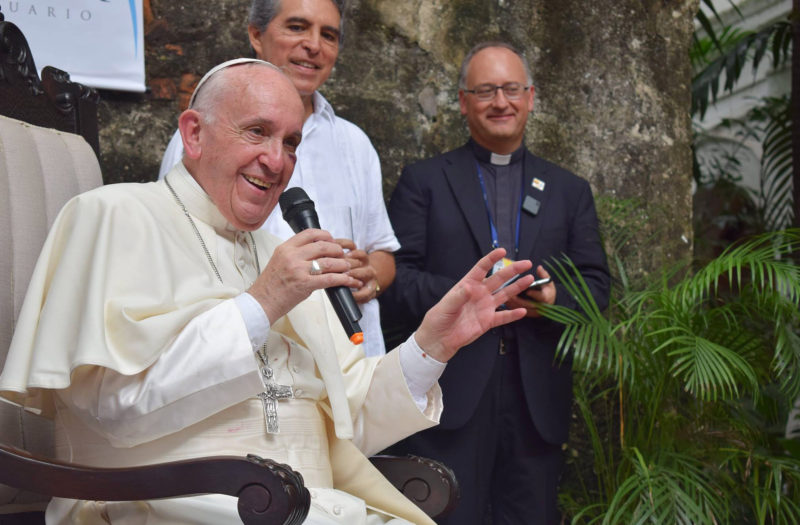 Pope Francis speaks during a meeting with Jesuits and laypeople associated with Jesuit institutions in Cartagena, Colombia, Sept. 10. While replying to questions, the pope said that seeking to understand people's real lives does not "bastardize" theology. In the background is Jesuit Father Antonio Spadaro, editor of the Rome-based Jesuit journal, La Civilta Cattolica. (CNS photo/courtesy La Civilta Cattolica) See POPE-MORALITY-AMORIS-JESUITS Sept. 28, 2017.