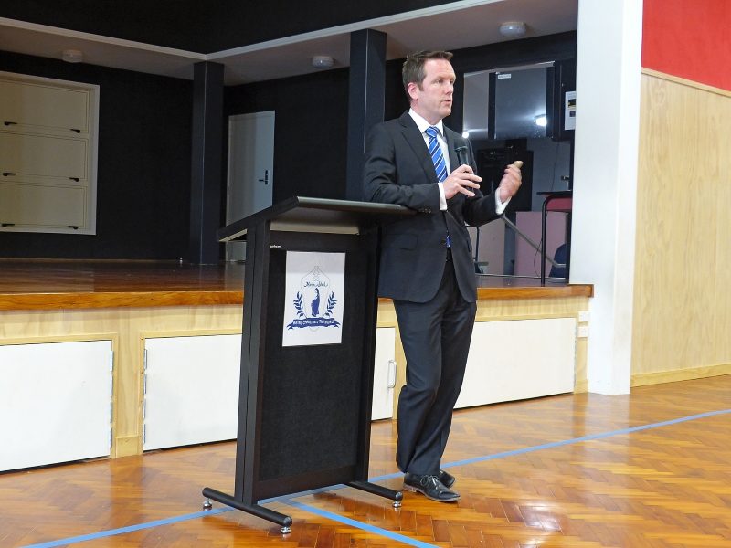 MP Simon O’Connor speaks in Hamilton.
