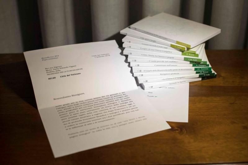 A letter from retired Pope Benedict XVI to Msgr. Dario Vigano, prefect of the Vatican Secretariat for Communications, is seen in this photo released by the Vatican March 12. The retired pope defends Pope Francis in the letter, which was written as a promotion for a book series titled, "The Theology of Pope Francis." (CNS photo/Vatican Media) See BENEDICT-FRANCIS-MESSAGE March 12, 2018.