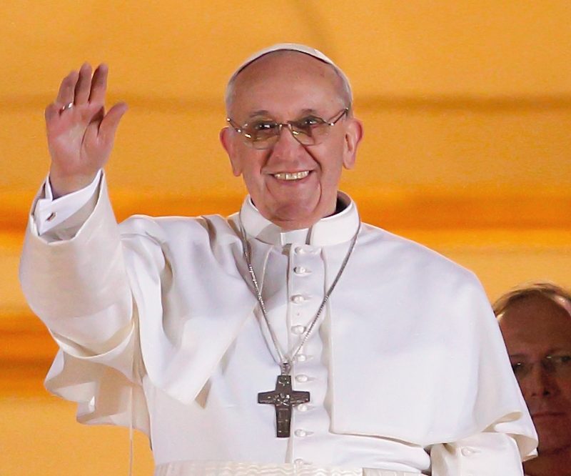Pope Francis appears for the first time on the central balcony of St. Peter's Basilica at the Vatican March 13. Cardinal Jorge Mario Bergoglio of Argentina was elected the 266th Roman Catholic pontiff. He is the first Jesuit and first Latin American pope. (CNS photo/Paul Haring) (March 13, 2013) See POPE-ELECT March 13, 2013. Editors: This image was originally posted March 13. This is a slightly wider crop and the pixel noise has been reduced some.