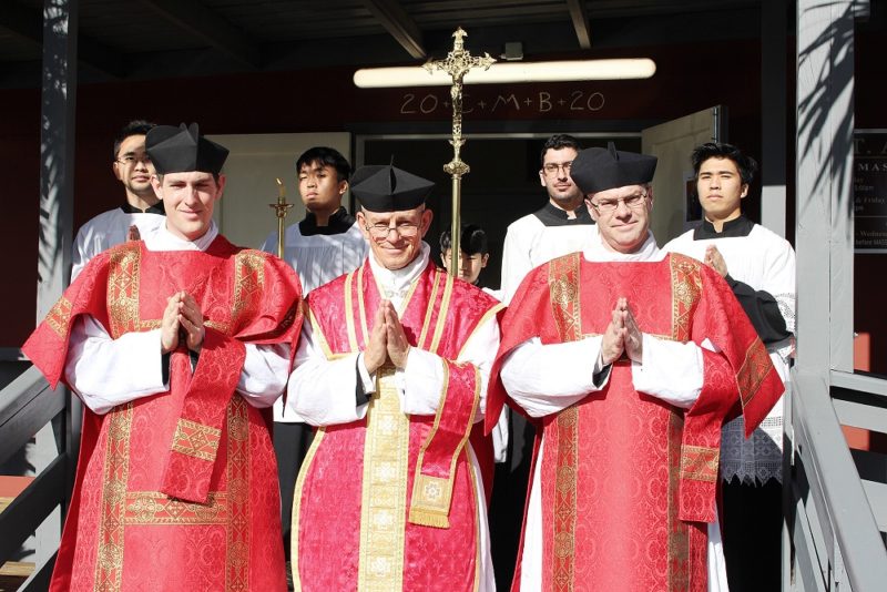 (Front, from left) Deacon Roger Gilbride, FSSP, Fr Antony Sumich, FSSP, and Brendan Boyce, FSSP, with altar servers.
