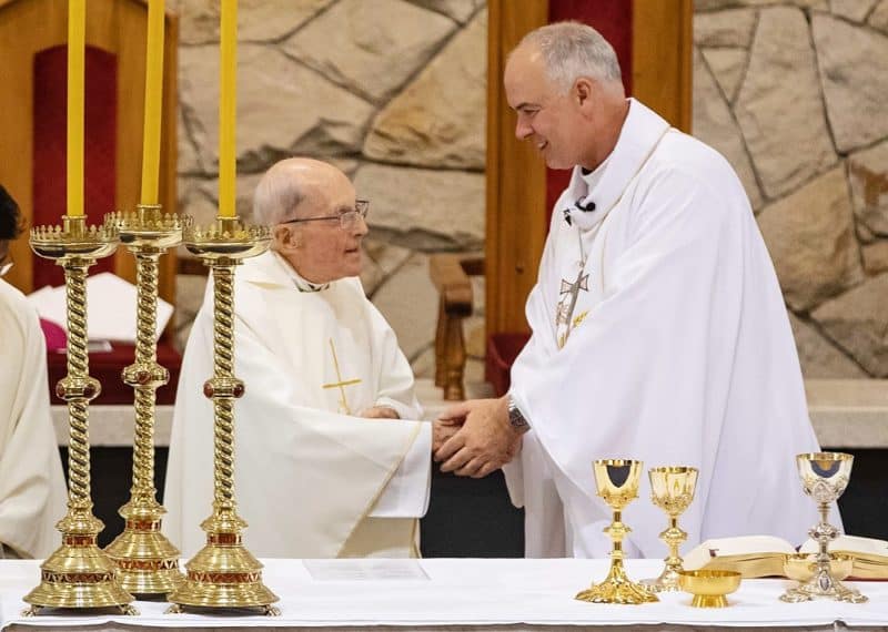Bishop Meeking (left) with the current Bishop of Christchurch, Bishop Paul Martin, SM, in 2019.