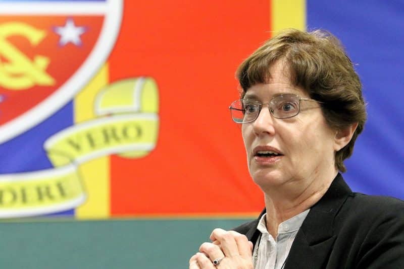 Sherry Weddell, the U.S. co-founder and executive director of the Siena Institute, speaks May 12 at St. Ambrose College, Manchester, England. Weddell talked about how Catholics in the West must become "missionary apostles" to stop the church from dying out within the space of a few generations. (CNS photo/Simon Caldwell) See WEDDELL-MISSIONARY-DISCIPLES May 23, 2018.