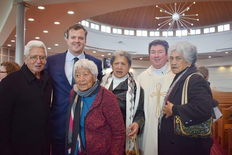 At the Caring Mass were (from left) Pat Davis, James van Schie (GM, Catholic Diocese of Auckland), Riu Tetai, Lil Dent, Msgr Bernard Kiely, and Mary Hape.