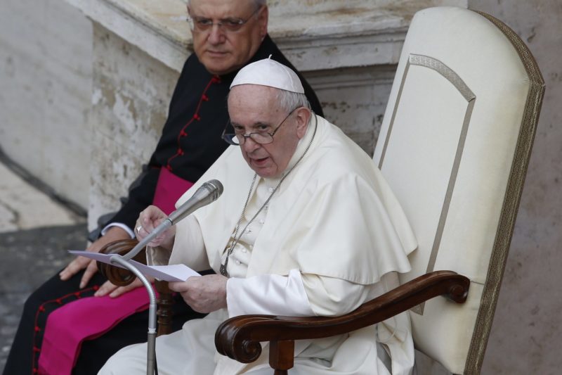 Pope Francis leads his general audience in the San Damaso courtyard at the Vatican Sept. 2, 2020. It was the pope's first public audience with pilgrims in six months. (CNS photo/Paul Haring)