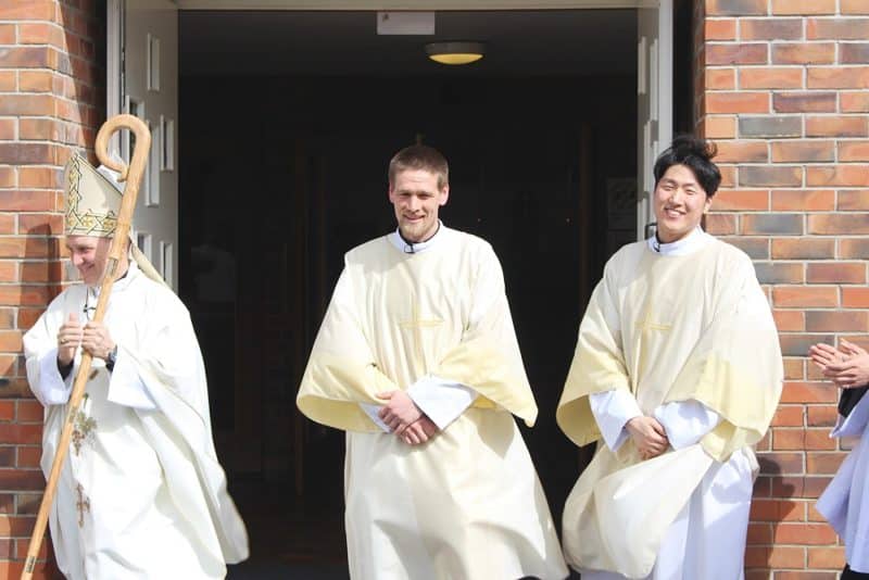 Bishop Michael Gielen (left) with Deacon Isaac Fransen (centre) and Deacon Chani Thomas Park.