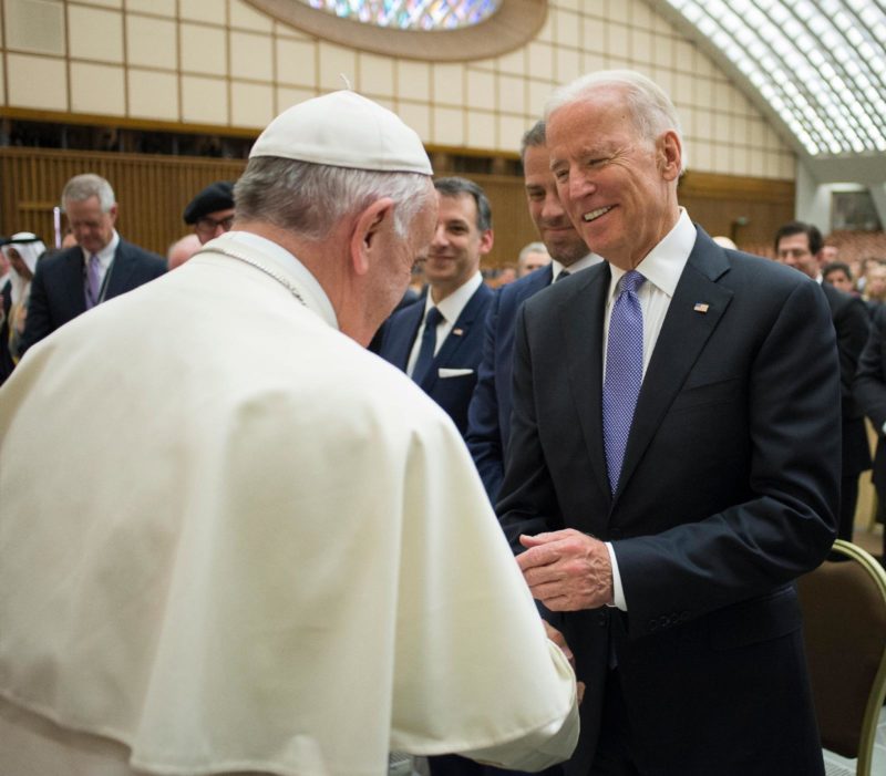 Pope Francis greets U.S. Vice President Joe Biden after both spoke at a conference on adult stem-cell research at the Vatican in this April 29, 2016, file photo. (CNS photo/L'Osservatore Romano)