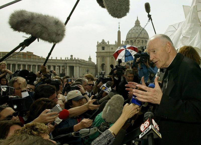 Then-Cardinal Theodore E. McCarrick of Washington faces the press in the shadow of St. Peter's Basilica at the Vatican April 24, 2002. U.S cardinals met for a summit with Pope John Paul II at the Vatican April 23-24, 2002, as the sex abuse crisis unfolded in the United States. Cardinal McCarrick was a key spokesman for the bishops during the summit. (CNS photo/Paolo Cocco, Reuters)