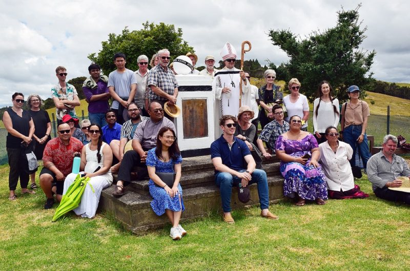 Bishop Michael Gielen with people at the centennial plinth at Totara Point (Photo: Jacek Drecki)
