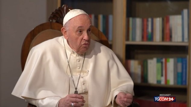 Pope Francis speaks to a reporter from Italy's Canale 5 in a screen grab from clips of the interview broadcast Jan. 9, 2020, on the channel's sister station, TGCOM24. (CNS screen grab)