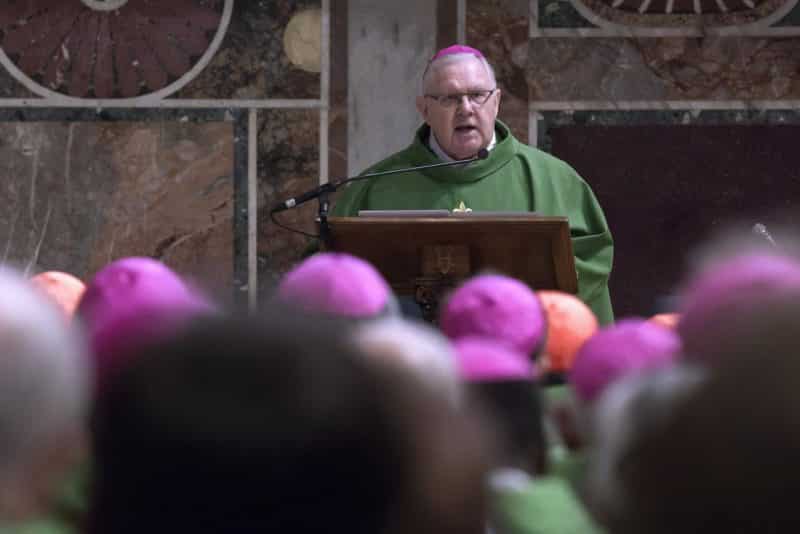 Archbishop Mark Coleridge of Brisbane, president of the Australian bishops' conference, gives the homily during a Mass at a meeting on the protection of minors in the church at the Vatican in this 2019 file photo. A new national protocol for responding to historical child sexual abuse and any new allegations in the Catholic Church in Australia will be both more compassionate and just, Archbishop Coleridge said Jan. 28, 2021. (CNS photo/Maria Grazia Picciarella)