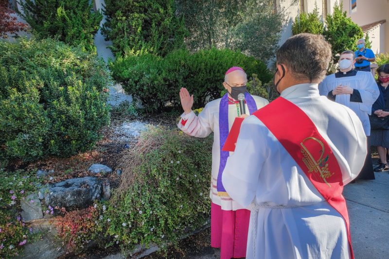 San Francisco Archbishop Salvatore J. Cordileone conducts an exorcism at Mission San Rafael in California Oct. 17, 2020, at the place where vandals tore down a St. Junipero Serra statue Oct. 12. (CNS photo/Dennis Callahan, Archdiocese of San Francisco)