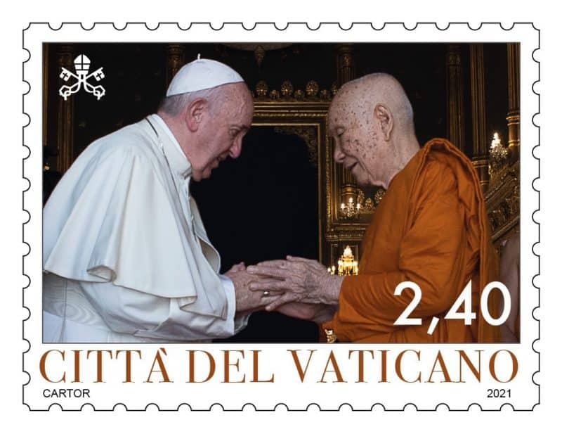 A Vatican stamp commemorates Pope Francis' meeting with Somdej Phra Maha Muneewong, supreme patriarch of Thailand's Buddhist community, in Bangkok Nov. 21, 2019. (CNS photo/Vatican stamp and coin office)