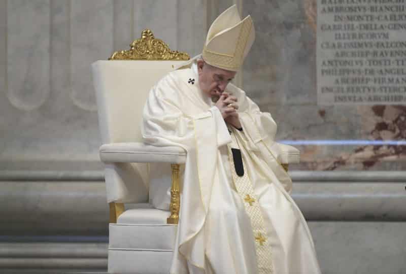 Pope Francis celebrates the Mass of the Lord's Supper April 9, 2020, in St. Peter's Basilica at the Vatican. (CNS photo/Vatican Media) See POPE-HOLY-THURSDAY April 9, 2020.