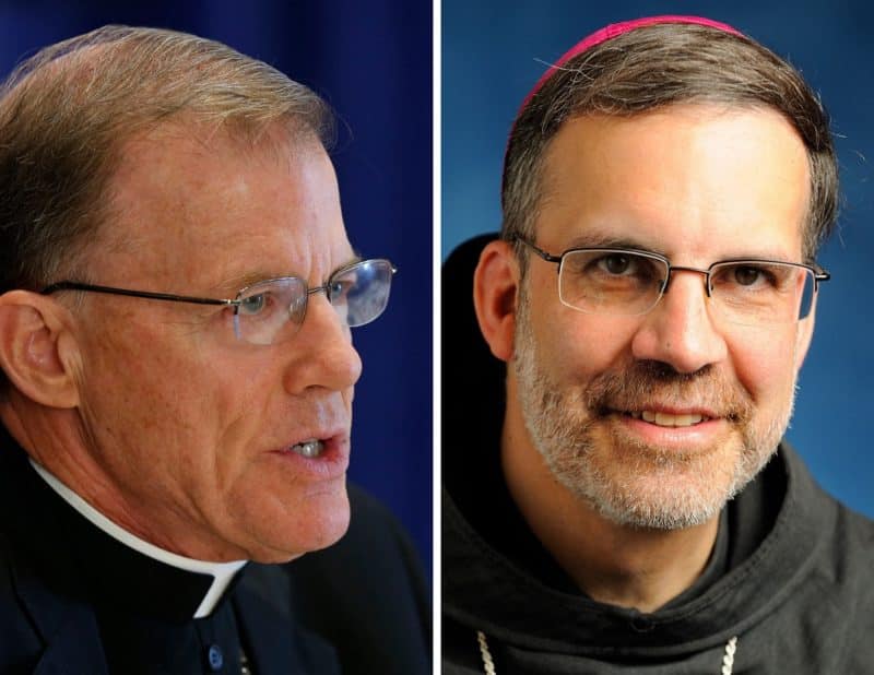 Archbishop John C. Wester of Santa Fe, N.M., and Bishop John E. Stowe of Lexington, Ky., are seen in this composite photo. (CNS composite/photos by Bob Roller; Diocese of Lexington)